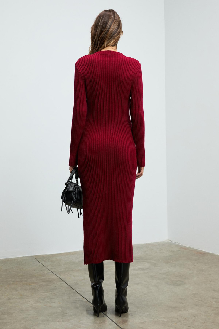 SOREYA Kadın Yuvarlak Yaka Çizgi Desenli Yırtmaçlı Slim Fit Triko Bordo Elbise