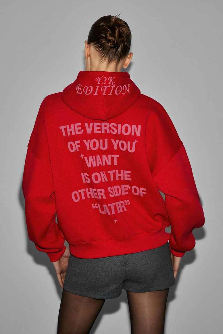 SPECTRUM Kadın Organik Pamuklu İçi polarlı Kapüşonlu Baskılı Oversize Kırmızı Sweatshirt