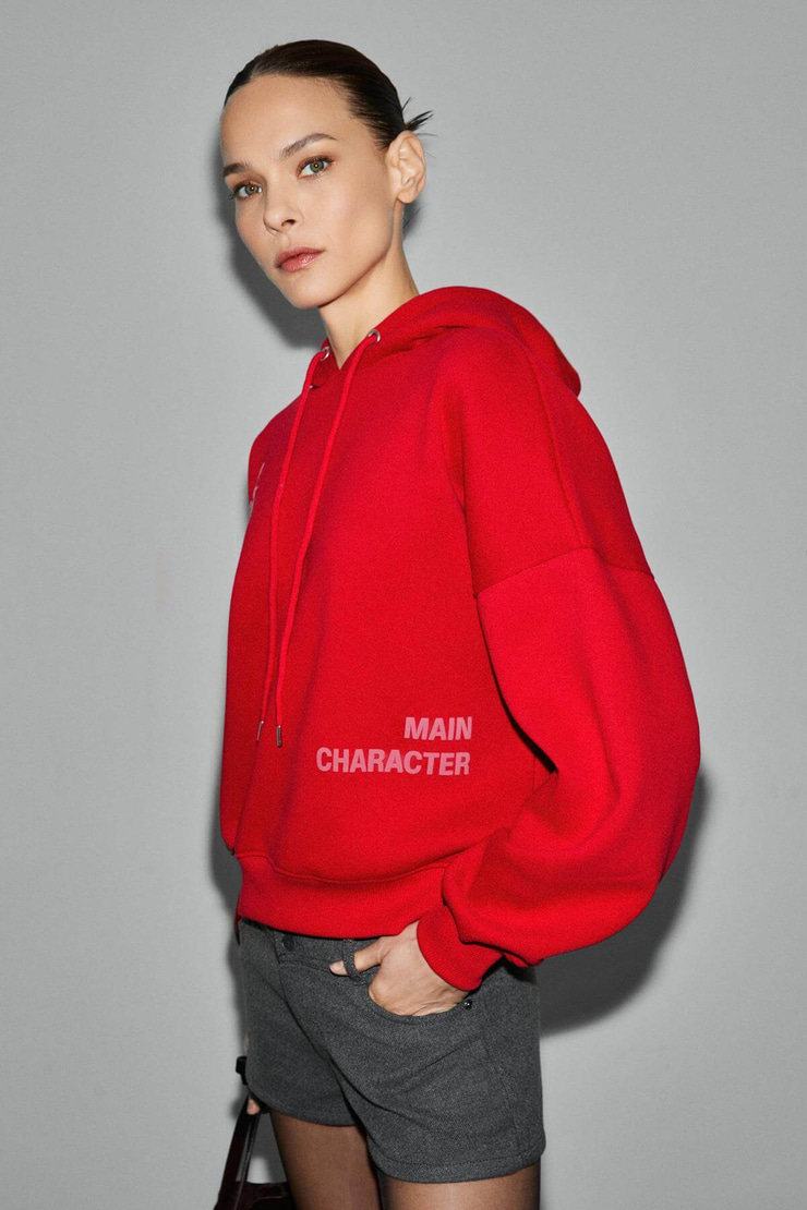 SPECTRUM Kadın Organik Pamuklu İçi polarlı Kapüşonlu Baskılı Oversize Kırmızı Sweatshirt