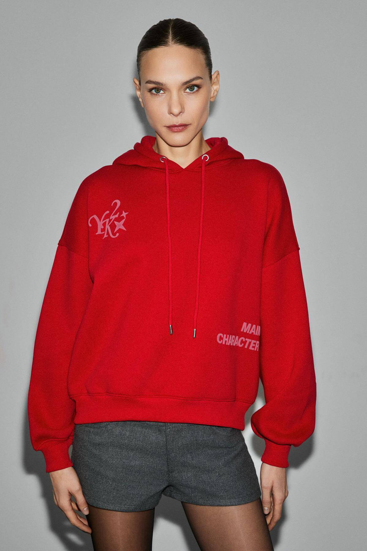 SPECTRUM Kadın Organik Pamuklu İçi polarlı Kapüşonlu Baskılı Oversize Kırmızı Sweatshirt