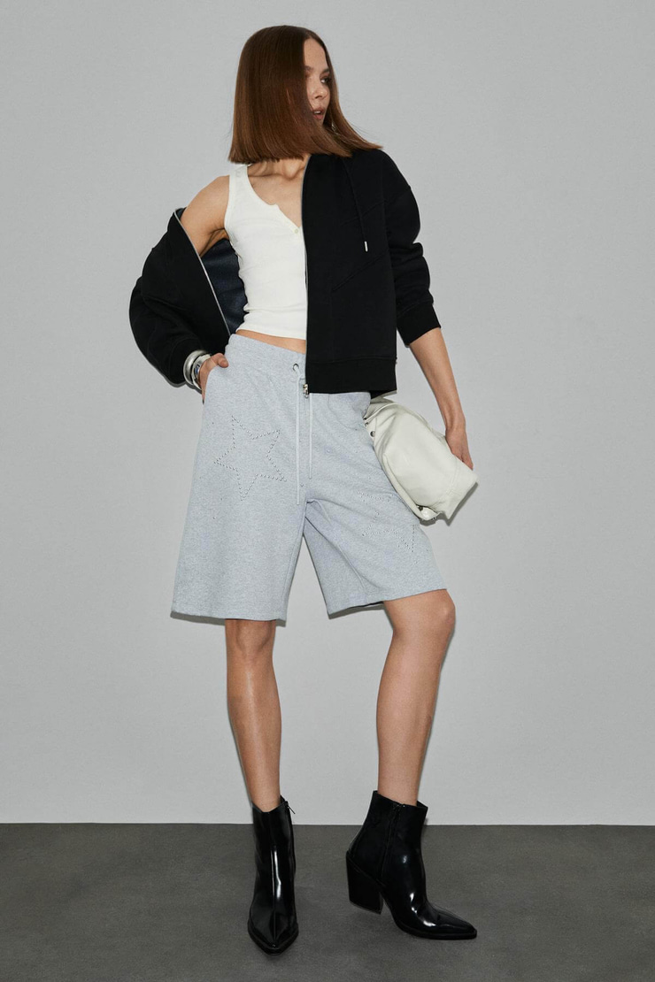 STARZ Kadın Pamuklu Beli Lastikli Kordonlu Çift Cepli Taş Detaylı Oversize Grimelanj Şort & Bermuda