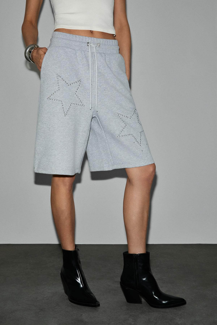STARZ Kadın Pamuklu Beli Lastikli Kordonlu Çift Cepli Taş Detaylı Oversize Grimelanj Şort & Bermuda