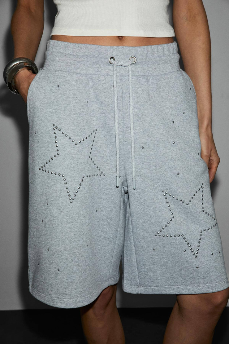 STARZ Kadın Pamuklu Beli Lastikli Kordonlu Çift Cepli Taş Detaylı Oversize Grimelanj Şort & Bermuda