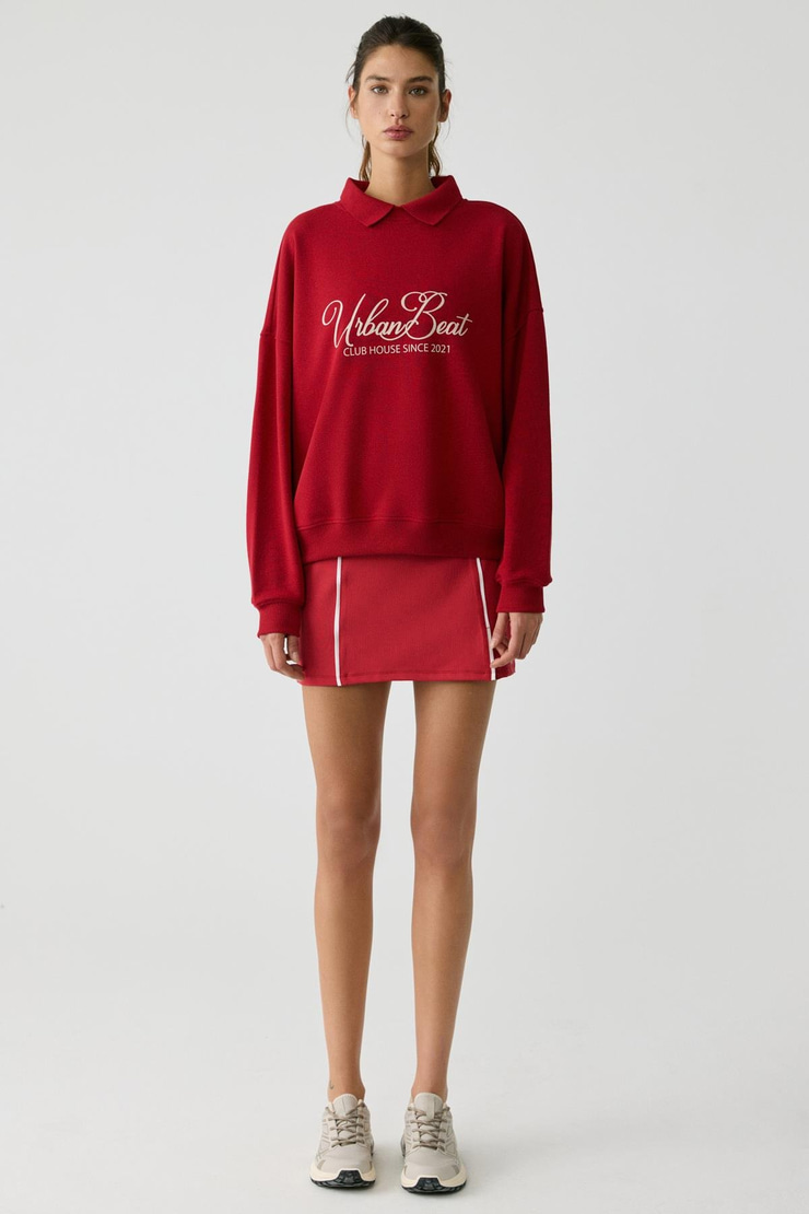 STEFFI Kadın Triko Polo Yaka Baskı Detaylı Relaxed Kırmızı Sweatshirt