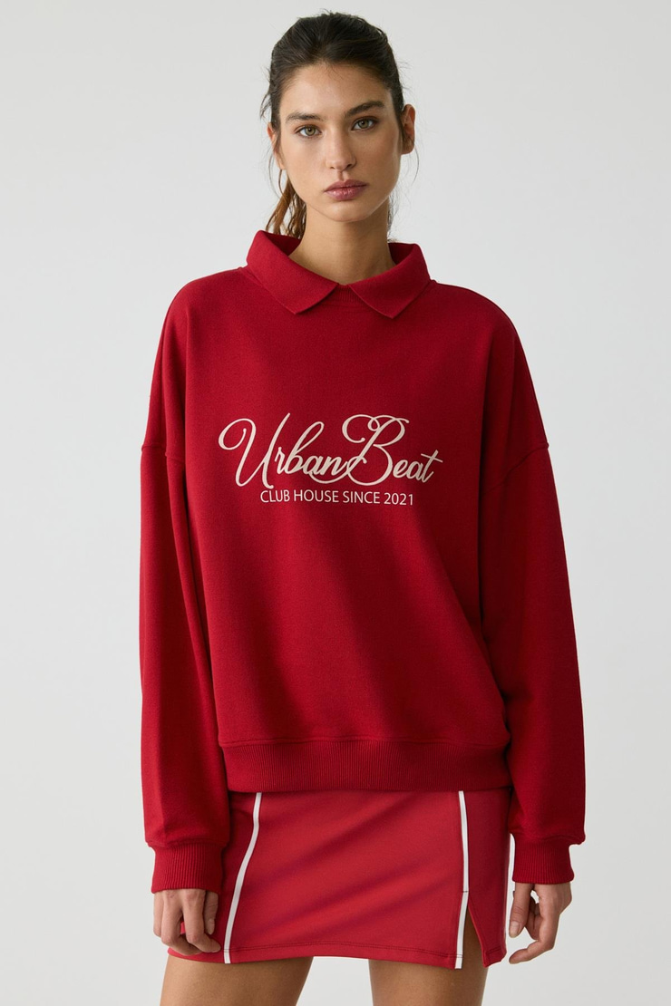 STEFFI Kadın Triko Polo Yaka Baskı Detaylı Relaxed Kırmızı Sweatshirt