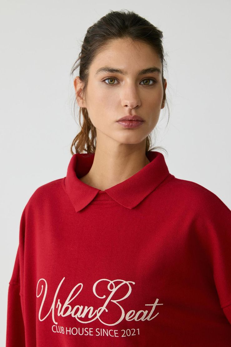 STEFFI Kadın Triko Polo Yaka Baskı Detaylı Relaxed Kırmızı Sweatshirt