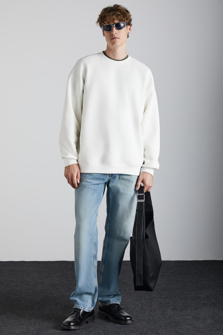 Stephan Erkek Yumuşacık Kumaşlı organik Pamuklu Oversize Fit Yuvarlak Yakalı Ekru Sweatshirt