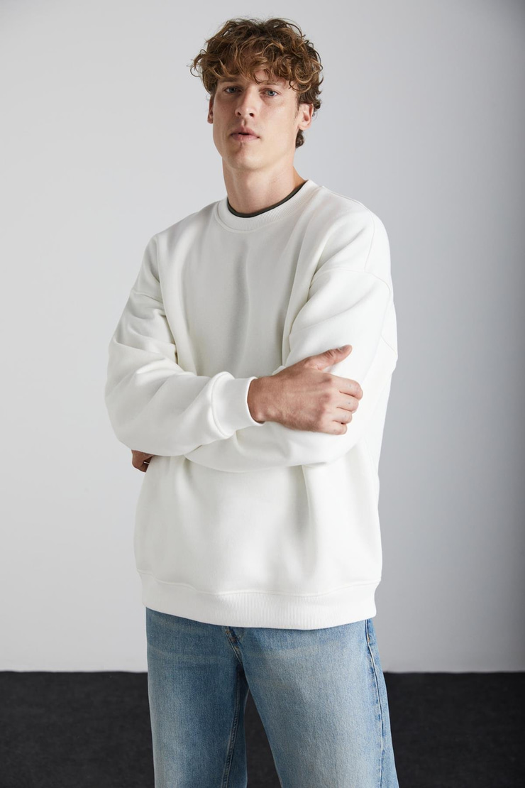 Stephan Erkek Yumuşacık Kumaşlı organik Pamuklu Oversize Fit Yuvarlak Yakalı Ekru Sweatshirt