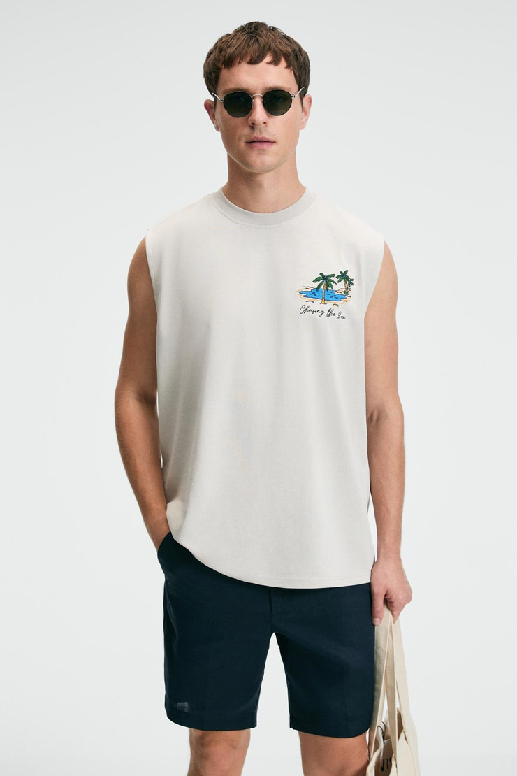 SUPERRIOR Erkek Baskı Detaylı Bisiklet Yaka Oversize Fit Bej T-Shirt