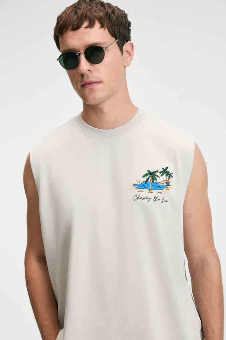 SUPERRIOR Erkek Baskı Detaylı Bisiklet Yaka Oversize Fit Bej T-Shirt