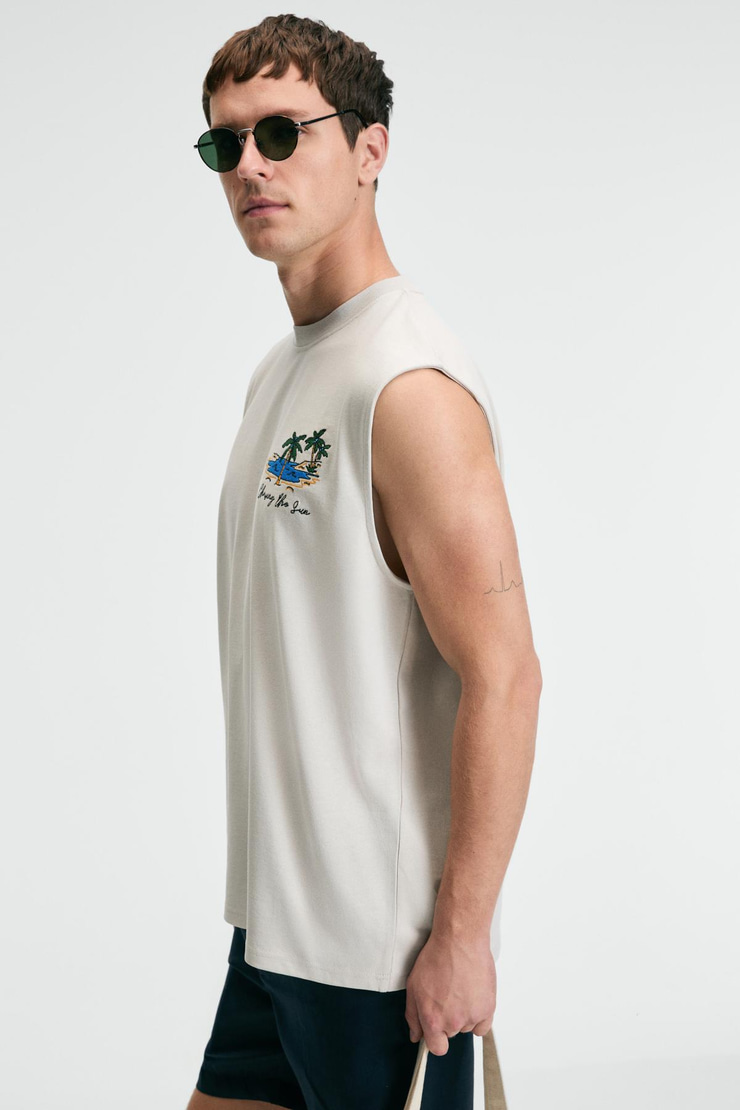 SUPERRIOR Erkek Baskı Detaylı Bisiklet Yaka Oversize Fit Bej T-Shirt