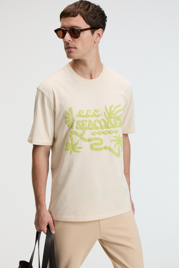 SWEET Erkek %100 Pamuk Oversize Fit Baskılı Kısa Kollu Yuvarlak Yakalı Vanilya T-Shirt