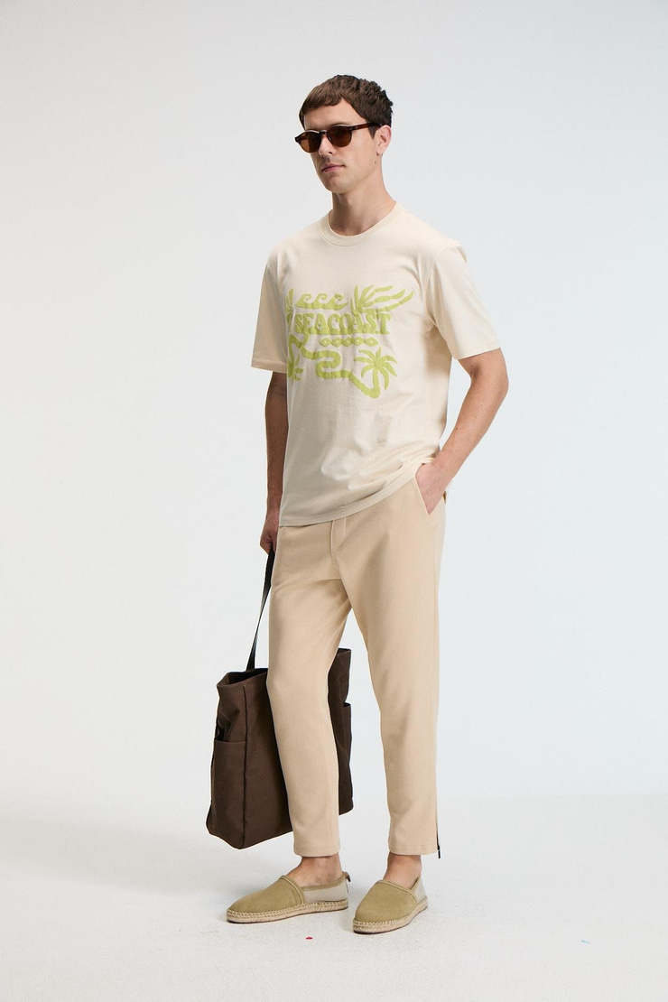 SWEET Erkek %100 Pamuk Oversize Fit Baskılı Kısa Kollu Yuvarlak Yakalı Vanilya T-Shirt