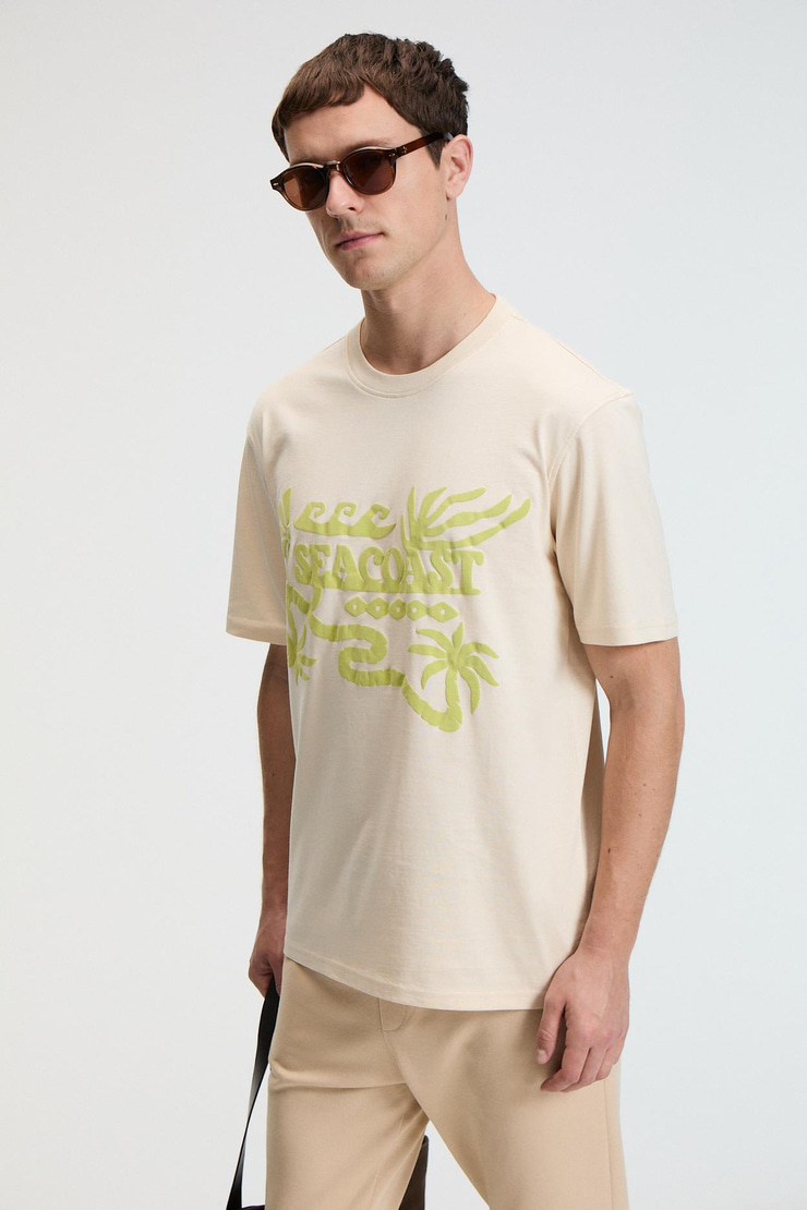 SWEET Erkek %100 Pamuk Oversize Fit Baskılı Kısa Kollu Yuvarlak Yakalı Vanilya T-Shirt