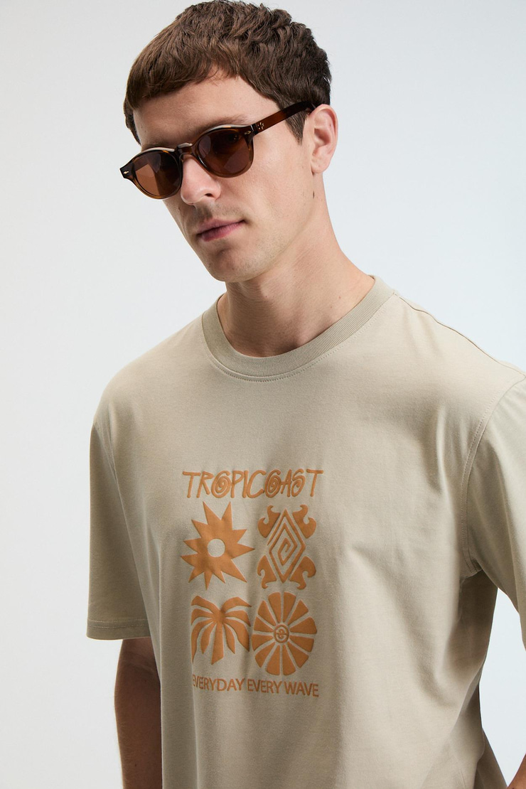 SWEET Erkek %100 Pamuk Oversize Fit Baskılı Kısa Kollu Yuvarlak Yakalı Taş Rengi T-Shirt