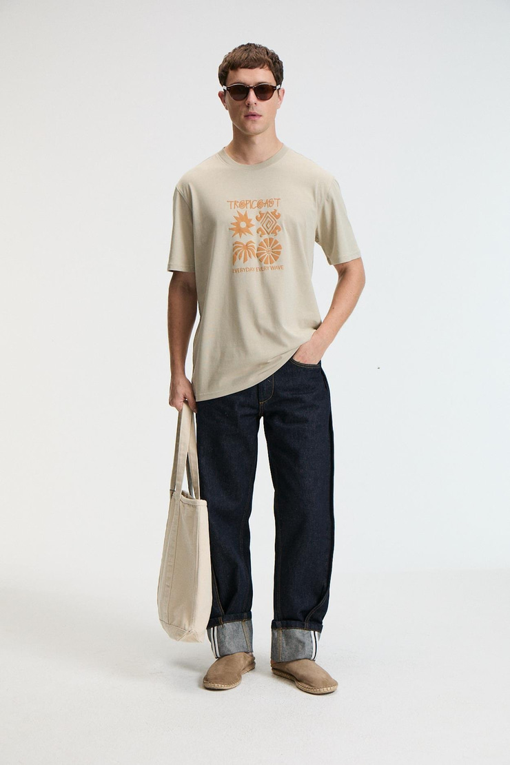 SWEET Erkek %100 Pamuk Oversize Fit Baskılı Kısa Kollu Yuvarlak Yakalı Taş Rengi T-Shirt