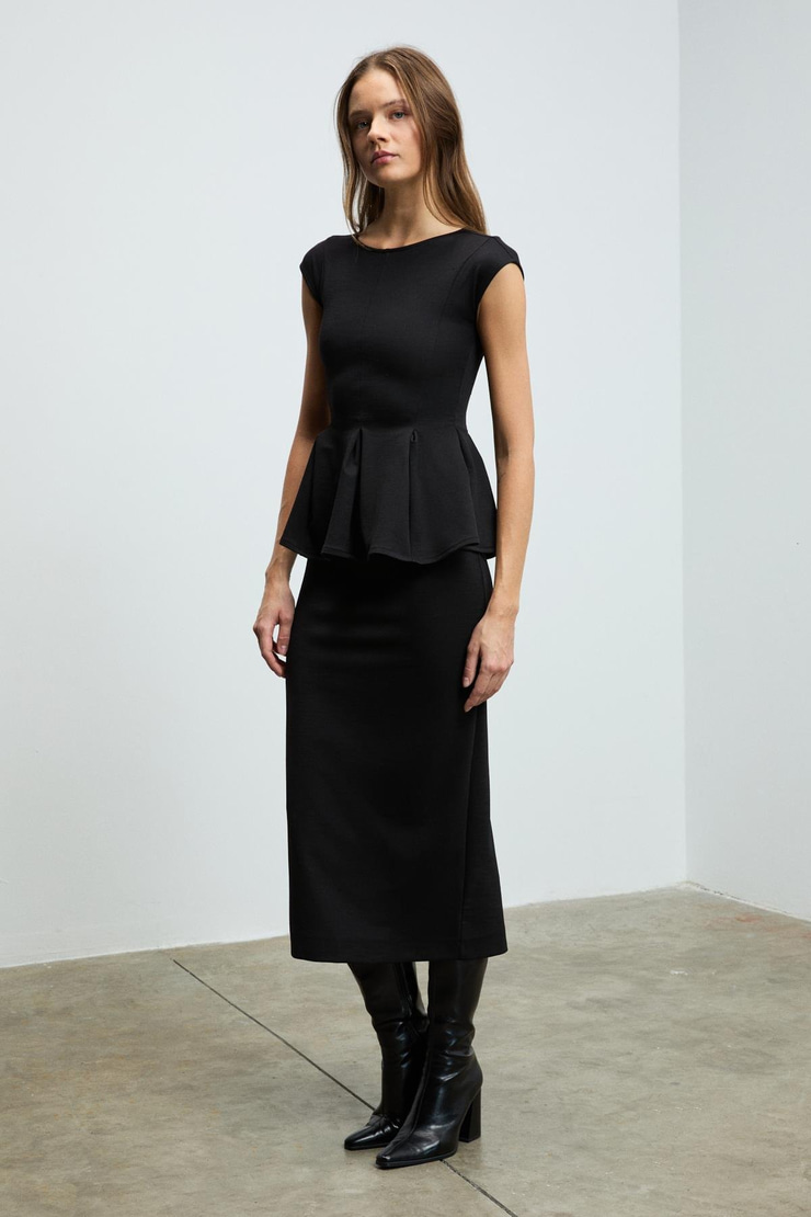 TALINDRA Kadın Midi Boy Önden Pensli Arkası Derin Yırtmaç Detaylı Kalem Siyah Etek