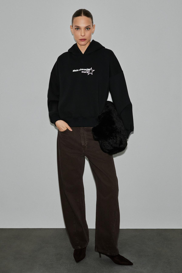 TERALY Kadın Organik Pamuklu Polarlı Kumaşlı Baskı Detaylı Siyah Sweatshirt