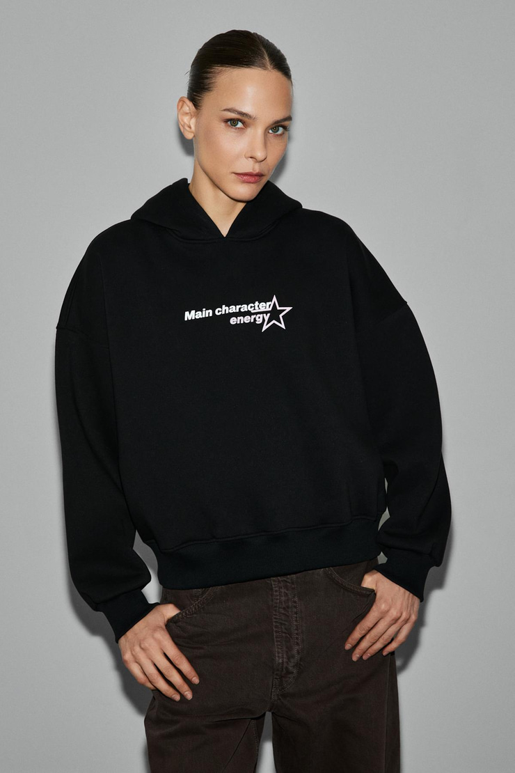 TERALY Kadın Organik Pamuklu Polarlı Kumaşlı Baskı Detaylı Siyah Sweatshirt