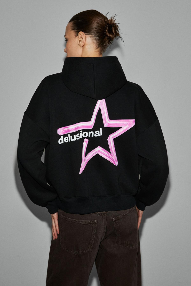 TERALY Kadın Organik Pamuklu Polarlı Kumaşlı Baskı Detaylı Siyah Sweatshirt