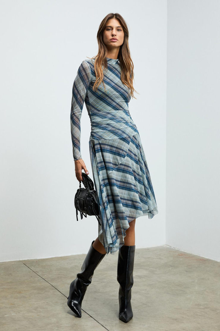 TERLUS Kadın Esnek Kumaşlı Bel Detaylı Boğazlı Yaka Çok Renkli Elbise