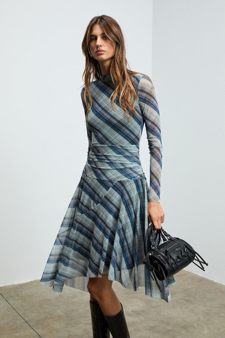 TERLUS Kadın Esnek Kumaşlı Bel Detaylı Boğazlı Yaka Çok Renkli Elbise