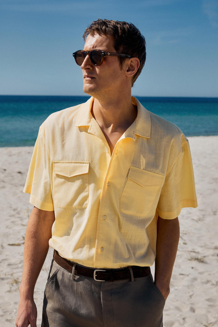 TERO Erkek %100 Pamuk Apaj Yaka Kısa Kollu Flamlı Oxford Comfort Fit Hawaii Sarı Gömlek