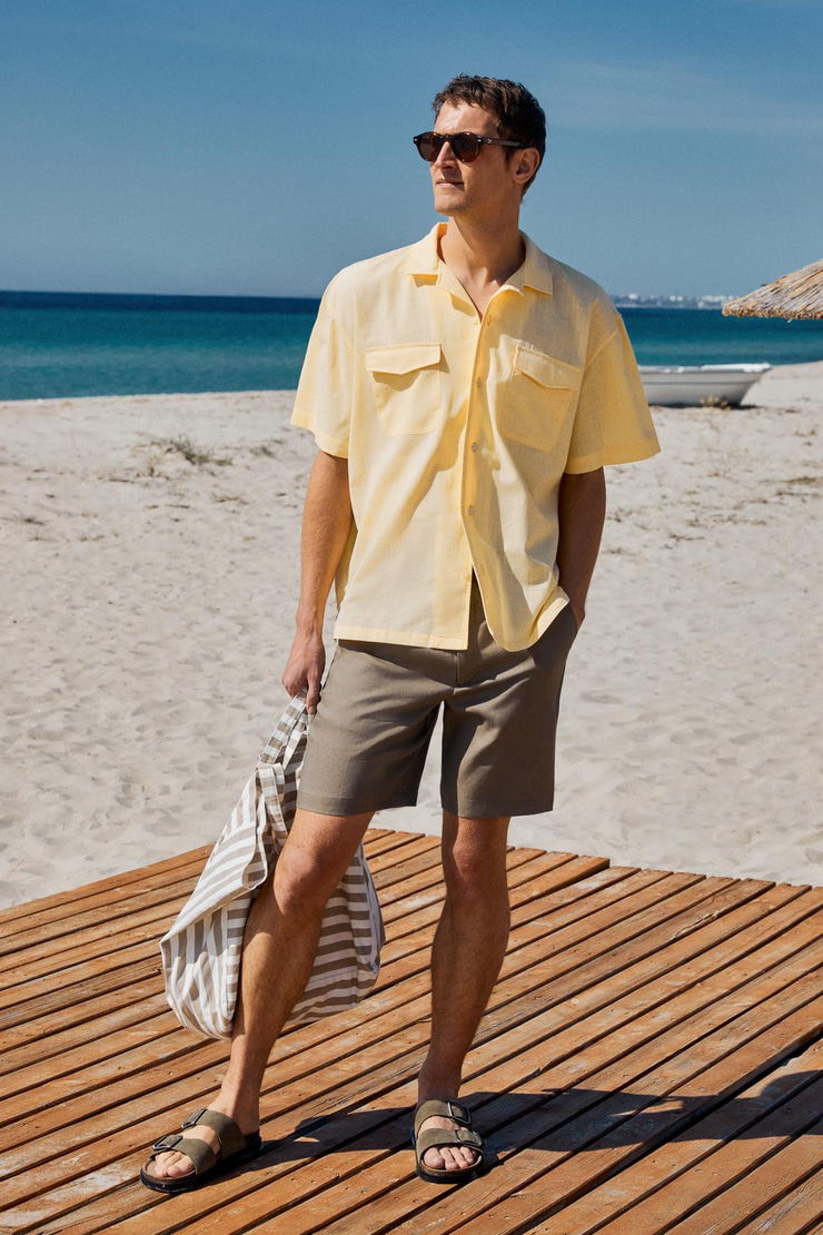 TERO Erkek %100 Pamuk Apaj Yaka Kısa Kollu Flamlı Oxford Comfort Fit Hawaii Sarı Gömlek