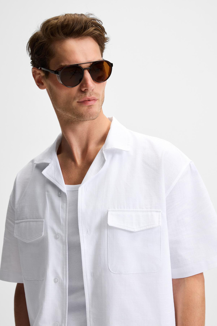 TERO Erkek %100 Pamuk Apaj Yaka Kısa Kollu Flamlı Oxford Comfort Fit Hawaii Beyaz Gömlek