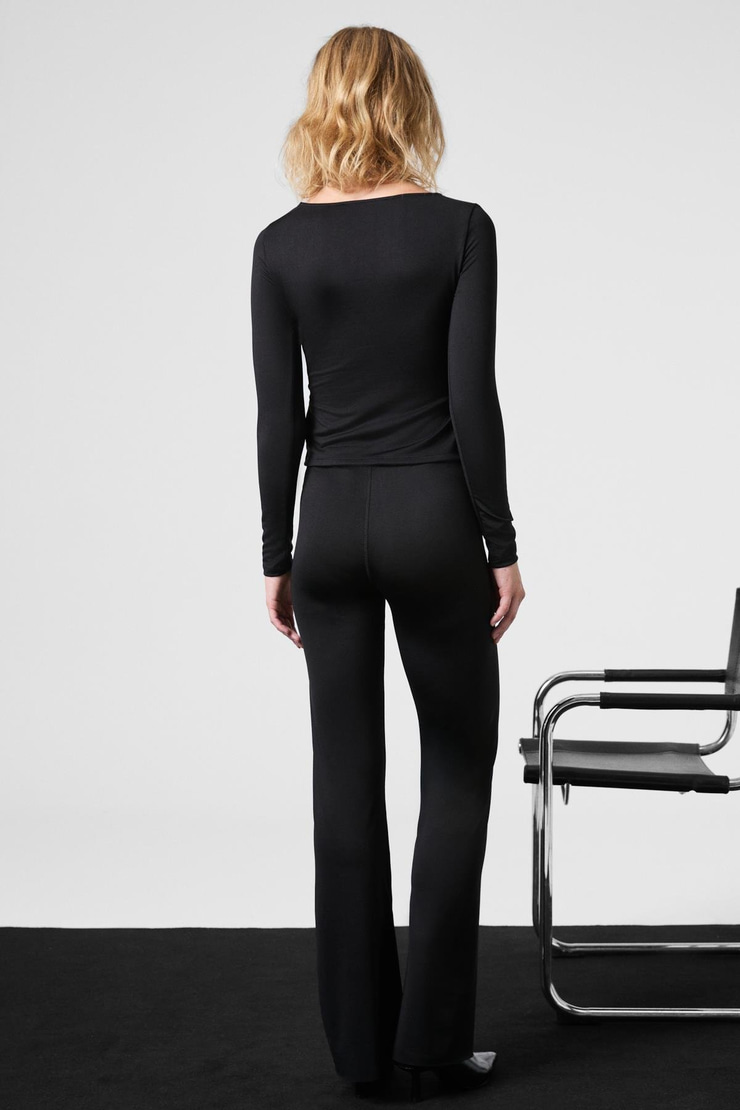 THORN Kadın Asimetrik Yaka Önü Kuşaklı Fonksiyonel Bağlama Uzun Kollu Esnek Kumaşlı Siyah Bluz