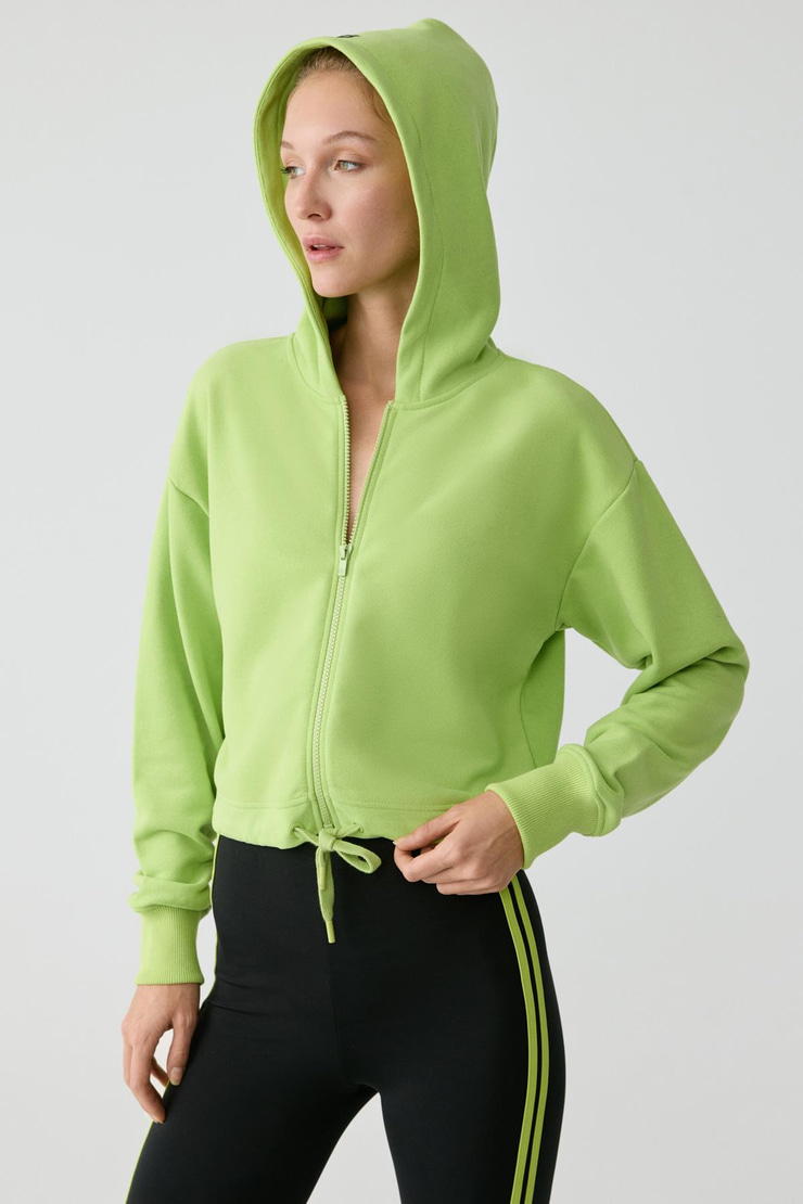 TIANNA Kadın Kapüşonlu Uzun Kollu Fermuarlı Relaxed Fıstık Yeşili Sweatshirt