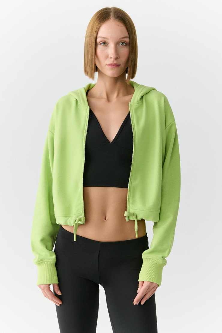 TIANNA Kadın Kapüşonlu Uzun Kollu Fermuarlı Relaxed Fıstık Yeşili Sweatshirt