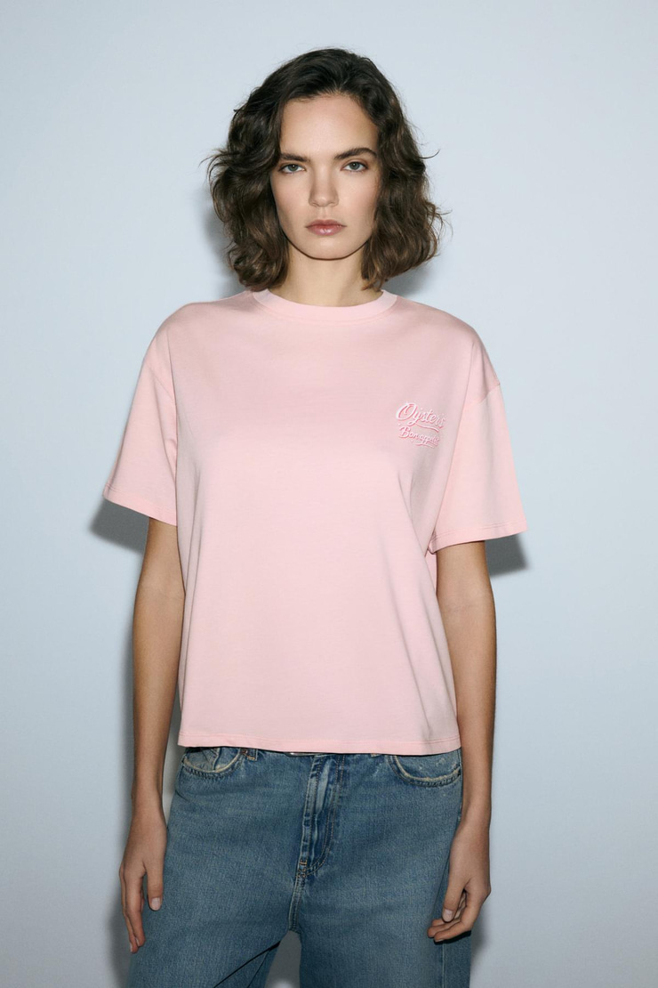 TILORIA Kadın Organik Pamuklu Baskılı Bisiklet Yaka Regular Fit Somon T-Shirt