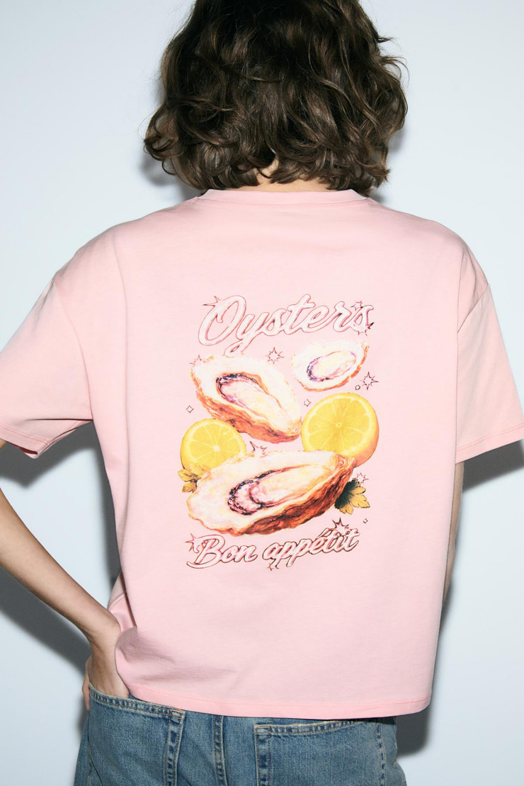 TILORIA Kadın Organik Pamuklu Baskılı Bisiklet Yaka Regular Fit Somon T-Shirt