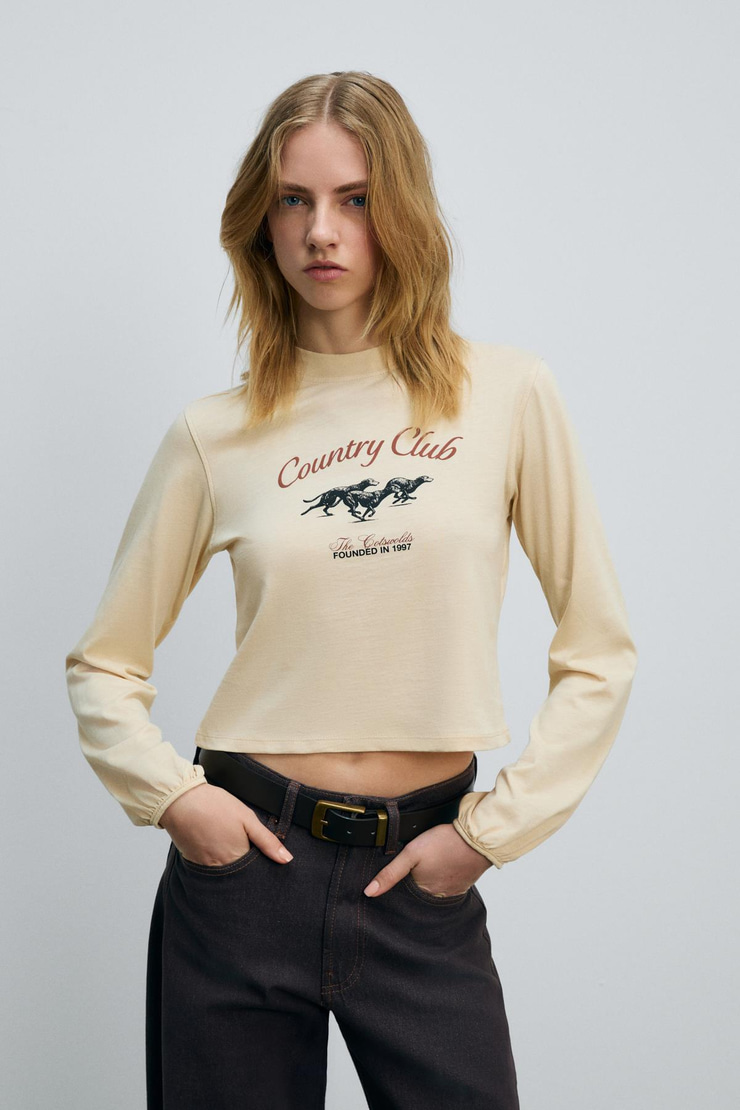 TIMBALI Kadın %100 Pamuk Yumuşak Kumaşlı Baskılı Kol Ucu Lastikli Balon Kollu Krem T-Shirt