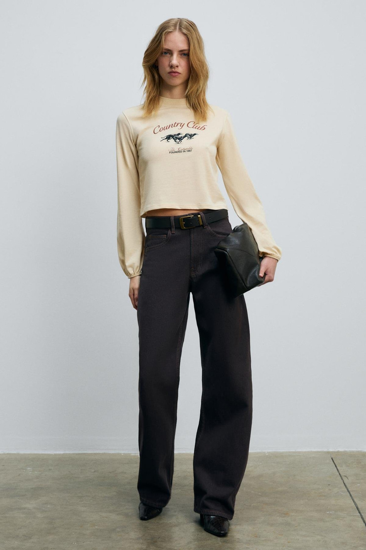 TIMBALI Kadın %100 Pamuk Yumuşak Kumaşlı Baskılı Kol Ucu Lastikli Balon Kollu Krem T-Shirt