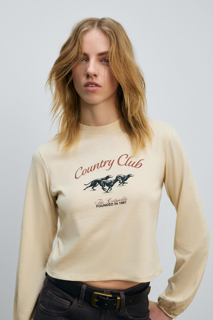 TIMBALI Kadın %100 Pamuk Yumuşak Kumaşlı Baskılı Kol Ucu Lastikli Balon Kollu Krem T-Shirt