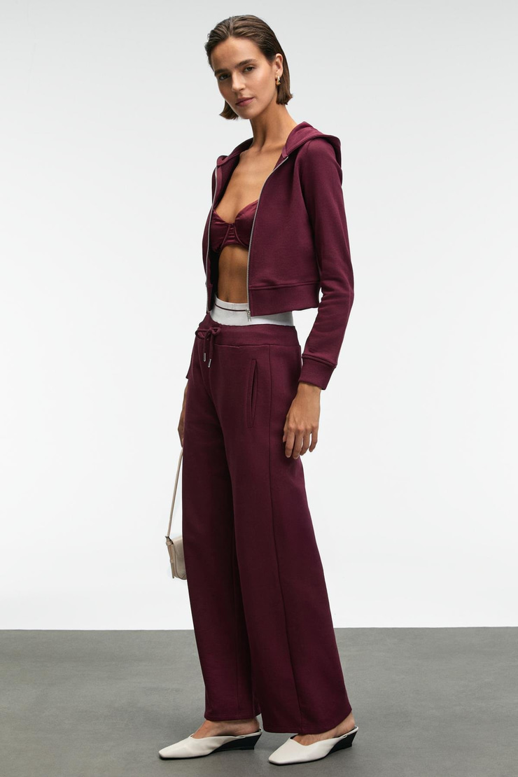 TOVELLE Kadın Beli Ekstra Lastikli Çift Cepli Geniş Paçalı Bordo Eşofman Altı