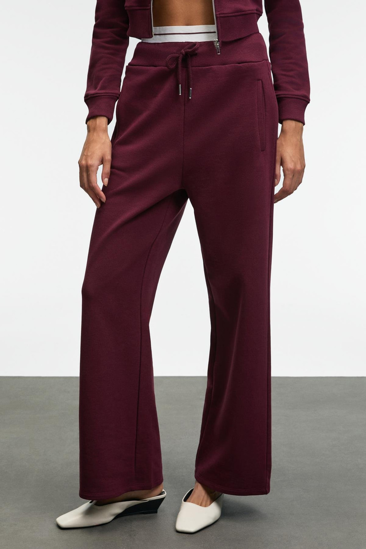 TOVELLE Kadın Beli Ekstra Lastikli Çift Cepli Geniş Paçalı Bordo Eşofman Altı