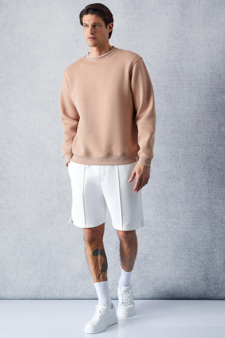 TRAVIS Erkek Organik Kumaşlı Yumuşacık Regular Fit Yuvarlak Yakalı Bej Sweatshirt