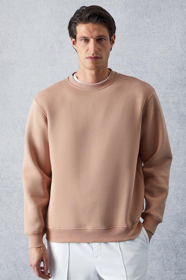 TRAVIS Erkek Organik Kumaşlı Yumuşacık Regular Fit Yuvarlak Yakalı Bej Sweatshirt