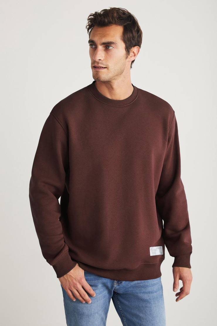TRAVIS Erkek Organik Kumaşlı Yumuşacık Regular Fit Yuvarlak Yakalı Koyu Kahverengi Sweatshirt