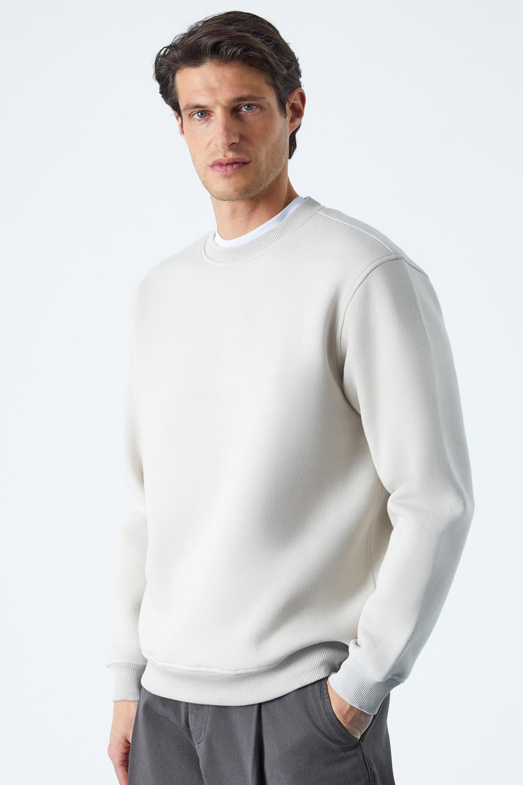 TRAVIS Erkek Organik Kumaşlı Yumuşacık Regular Fit Yuvarlak Yakalı Ekru Sweatshirt