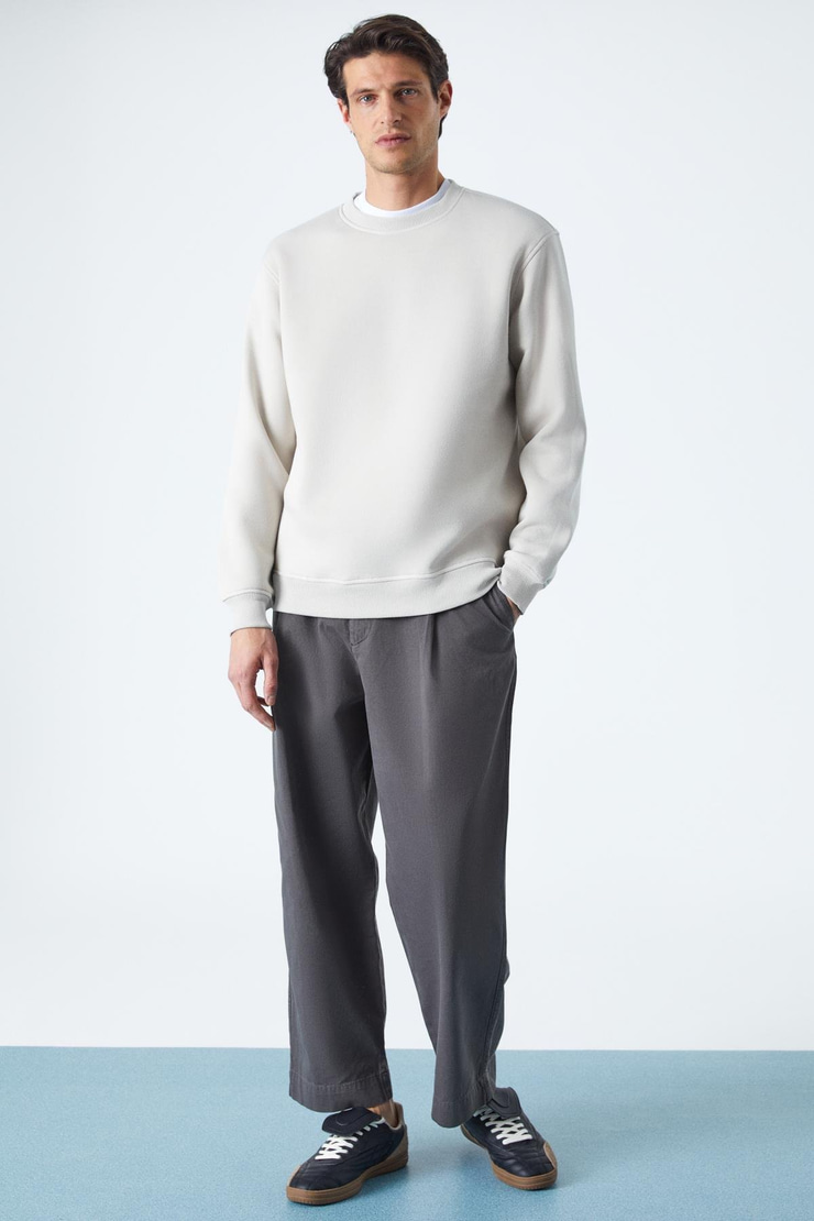 TRAVIS Erkek Organik Kumaşlı Yumuşacık Regular Fit Yuvarlak Yakalı Ekru Sweatshirt