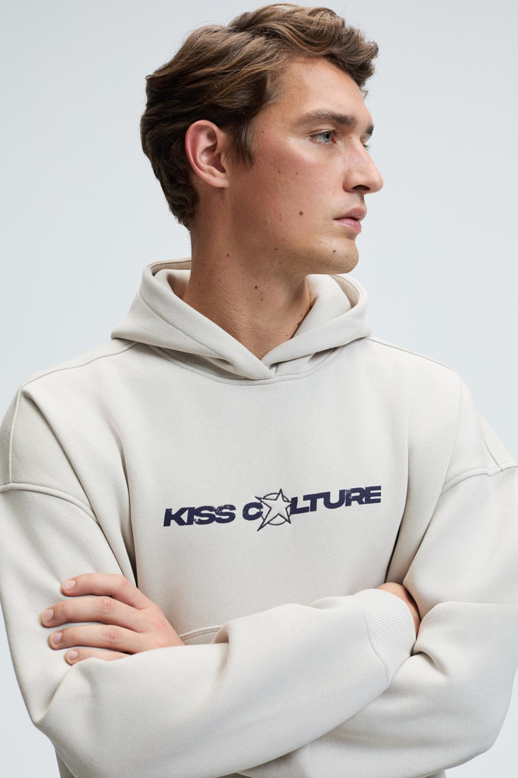 TRUETT Erkek Kapüşonlu Kanguru Cepli Önü Ve Sırtı Baskılı Oversize Gri Sweatshirt