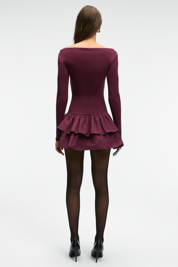 TRUSEA Kadın Üstü Esnek Eteği Dokuma Kumaşlı Regular Mini Bordo Elbise