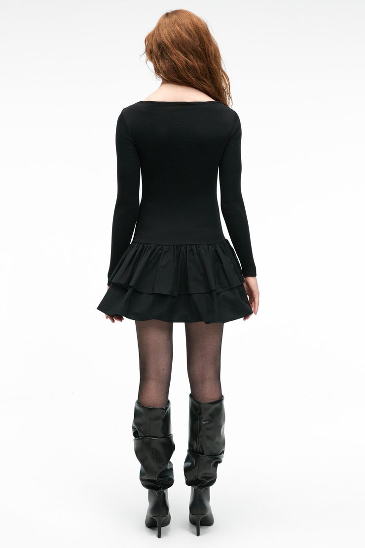 TRUSEA Kadın Üstü Esnek Eteği Dokuma Kumaşlı Regular Mini Siyah Elbise