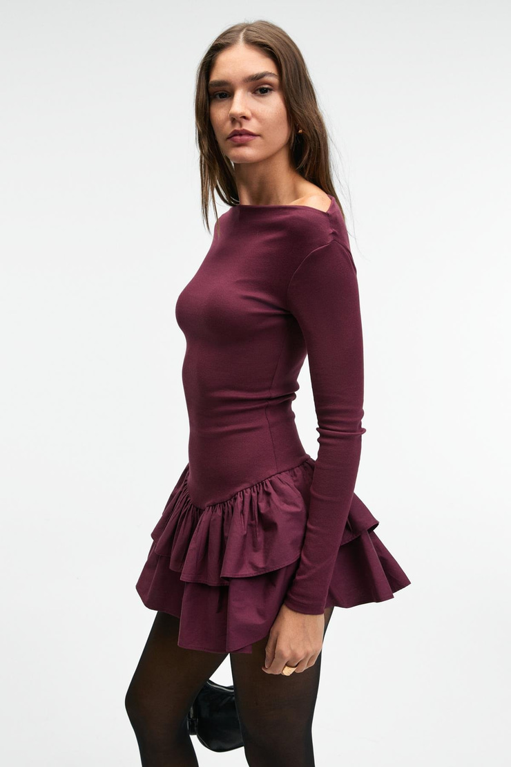 TRUSEA Kadın Üstü Esnek Eteği Dokuma Kumaşlı Regular Mini Bordo Elbise