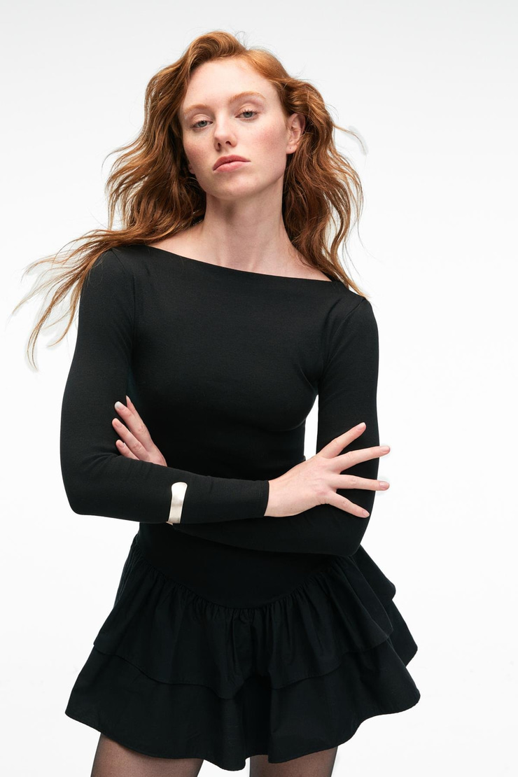 TRUSEA Kadın Üstü Esnek Eteği Dokuma Kumaşlı Regular Mini Siyah Elbise