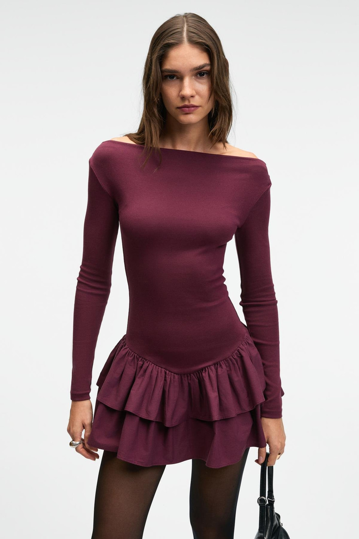 TRUSEA Kadın Üstü Esnek Eteği Dokuma Kumaşlı Regular Mini Bordo Elbise